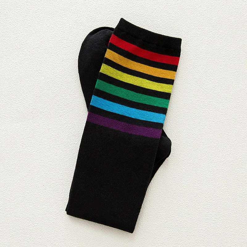 Носки для школьниц в японском стиле; радужные полосатые носки для школьниц; сезон весна-осень; женские длинные носки без пятки; цветные хлопковые полосатые носки - Цвет: black
