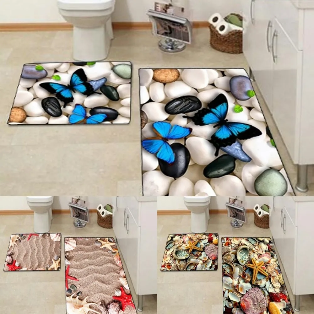 

Else Blue Butterfly Sea Shells Sand star Stones 3d Print Non Slip Microfiber 2 piece Bath Mat set for Bathroom 90x60cm 50x60cm