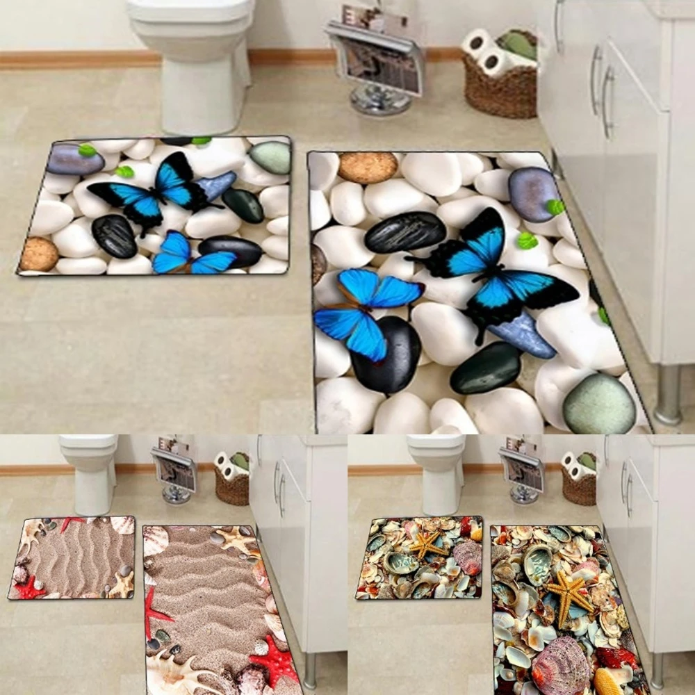 Details about / 2 Piece Bathroom Rug Set Mat Bath Non Slip Toilet Soft Fluffy White Navy Blue