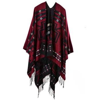 

Ethnic Geometric Floral Pattern Tassel Winter Women Thick Long Split Scarf Shawl
