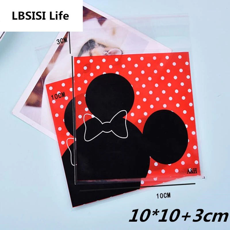 

LBSISI Life 100pcs 10x10+3cm Red Mickey Dot Self Adhesive Cookie Food Packaging Plastic Baking Packing Candy OPP Gift Poly Bag