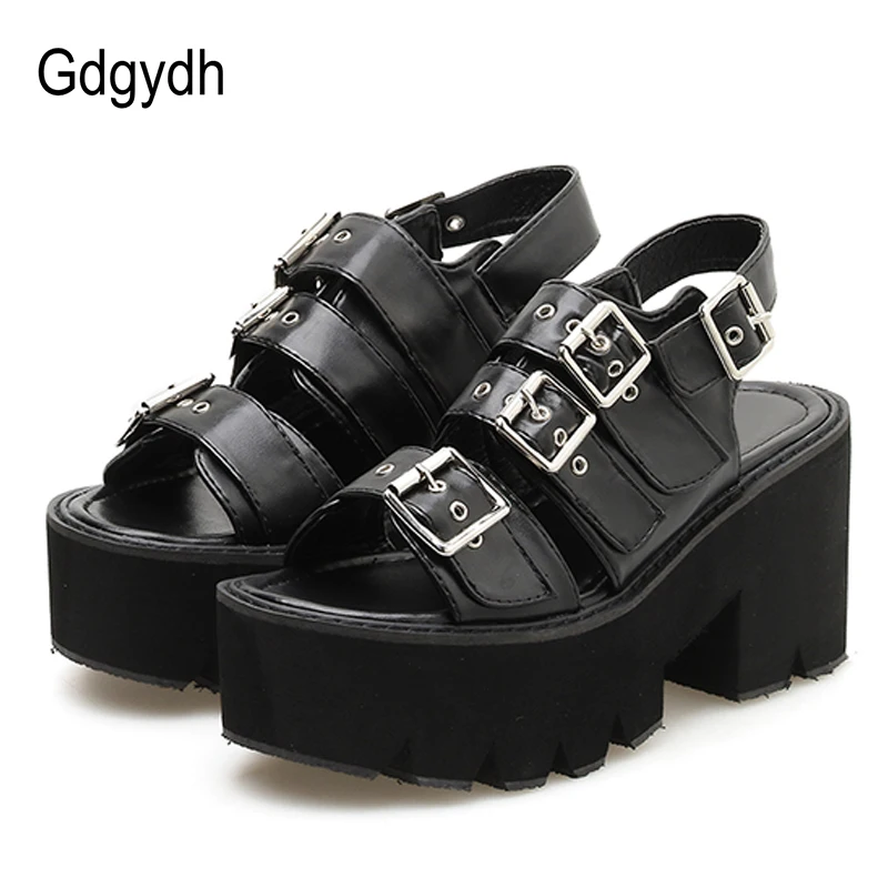 

Gdgydh New Arrival Ankle Strap Summer Shoes Women Sexy Metal Buckle Platform Shoes Block Heels Female Black Leather Sandals