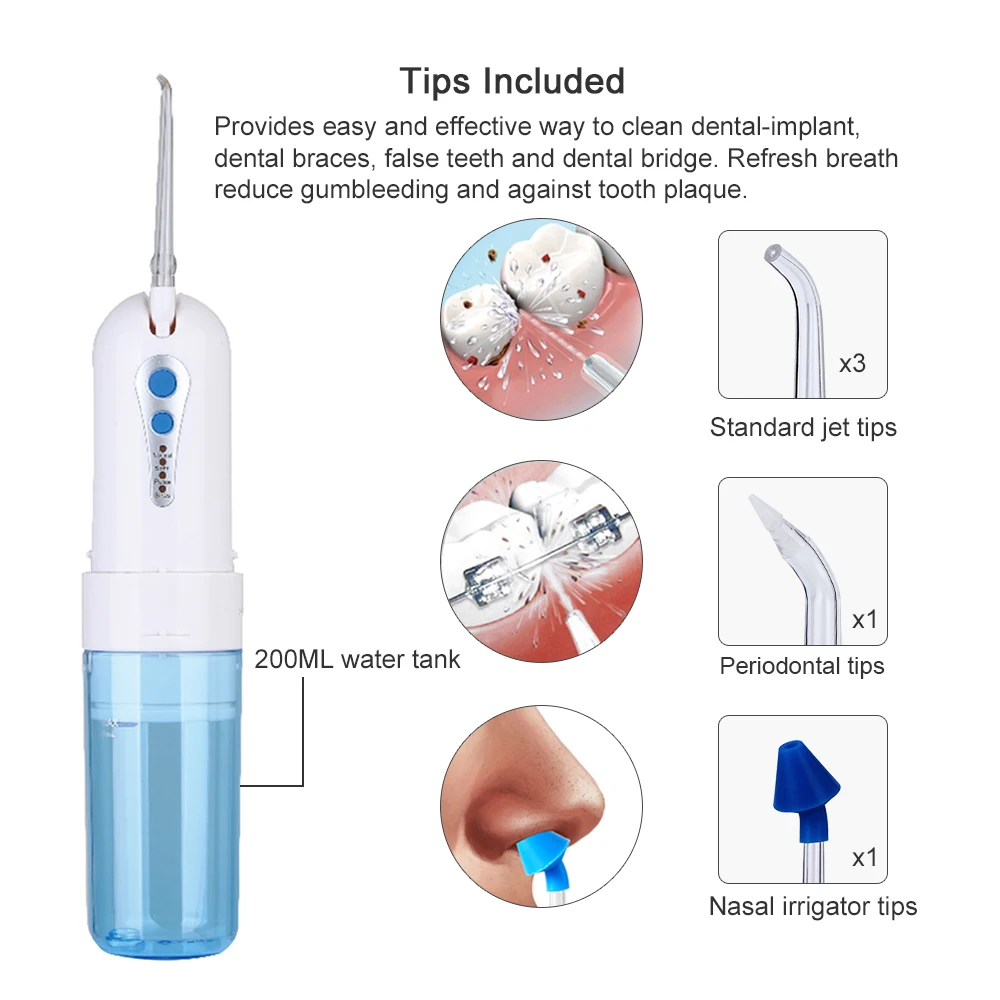 Складная зубная нить, 4 режима, портативный складной ирригатор для полости рта, водяная нить, USB Перезаряжаемый спа-очиститель, 200 мл+ 5 струйных наконечников
