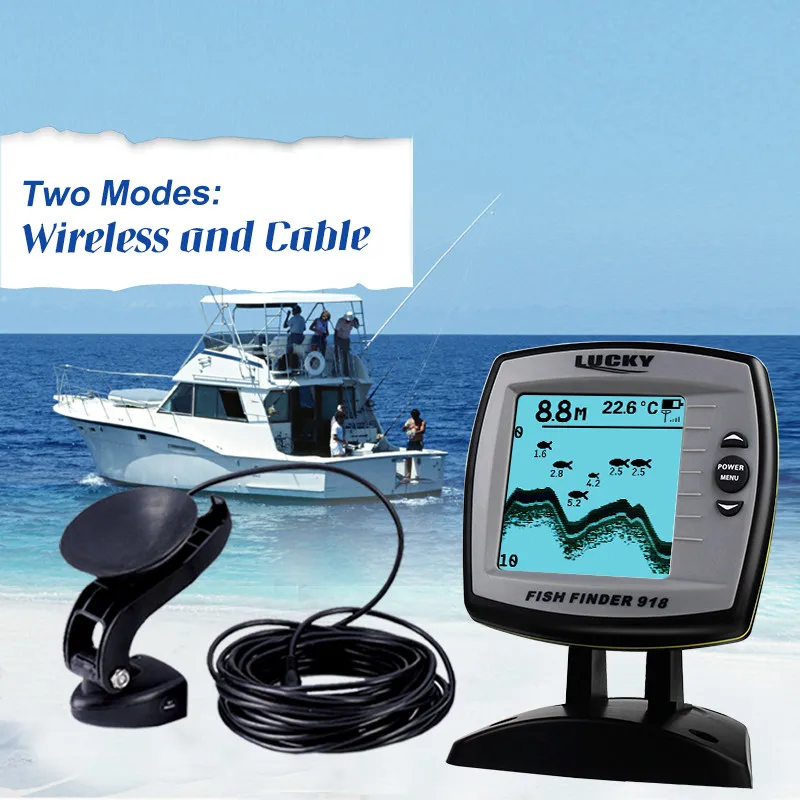 

Lucky FF918-100WS Cable&Wireless Interchangeable Boat Fish Finder 147ft Wireless 328ft Cable Muti-language Floating Fishfinder