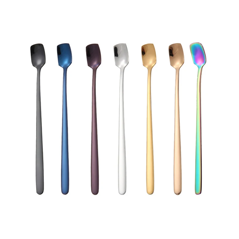 

1PC Stainless Steel Long Handled Coffee Spoon Small Spoons Set Square Colorful Soup Stirring Spoons Scoop Kitchen Accessories