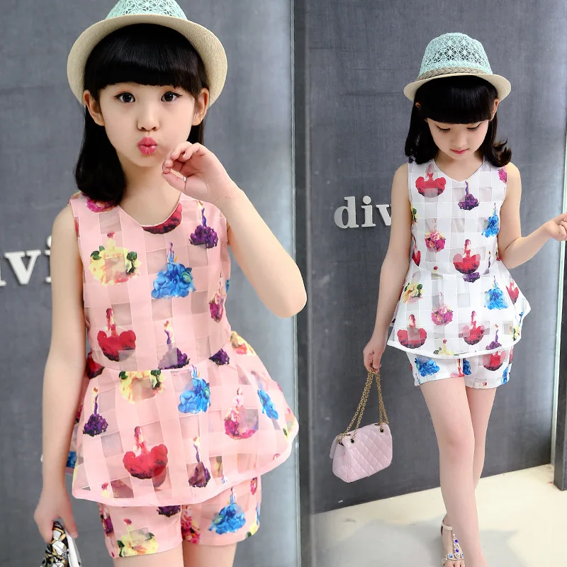 2018 summer big girls dress girl clothing set kids sleeveless two piece