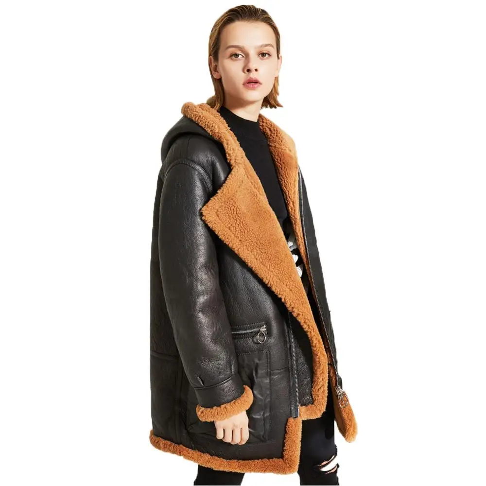 Denny &amp Dora женская зимняя теплая дубленка с капюшоном из овчины длинное пальто |