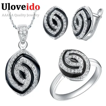 

Uloveido Silver Enamel Jewelry Sets Parure Bijoux Black Crystal Wedding Ring Earrings Necklace Jewellery Set Bijouterie T173