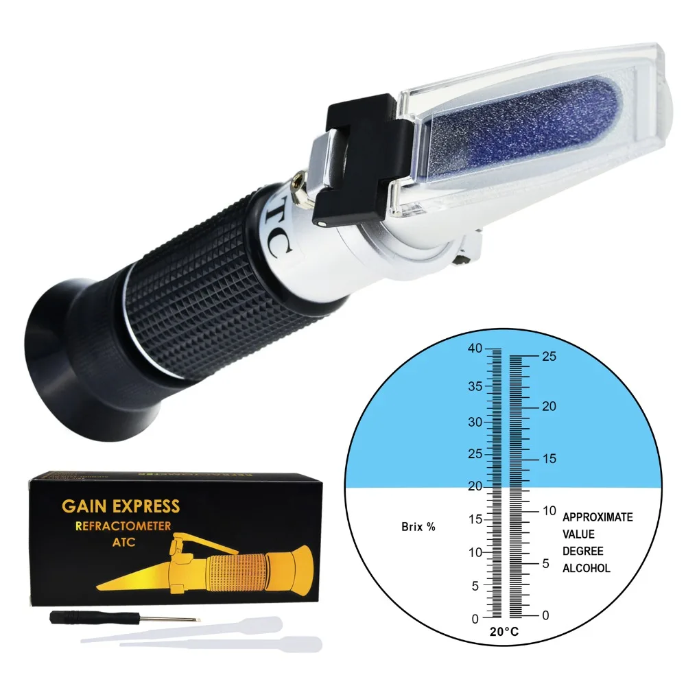 

Grape Fruit Wine Alcohol Refractometer with ATC, Dual Scale 0-25% VOL 0-40% Brix, Handheld Optical Meter Tester for Sugar Wine