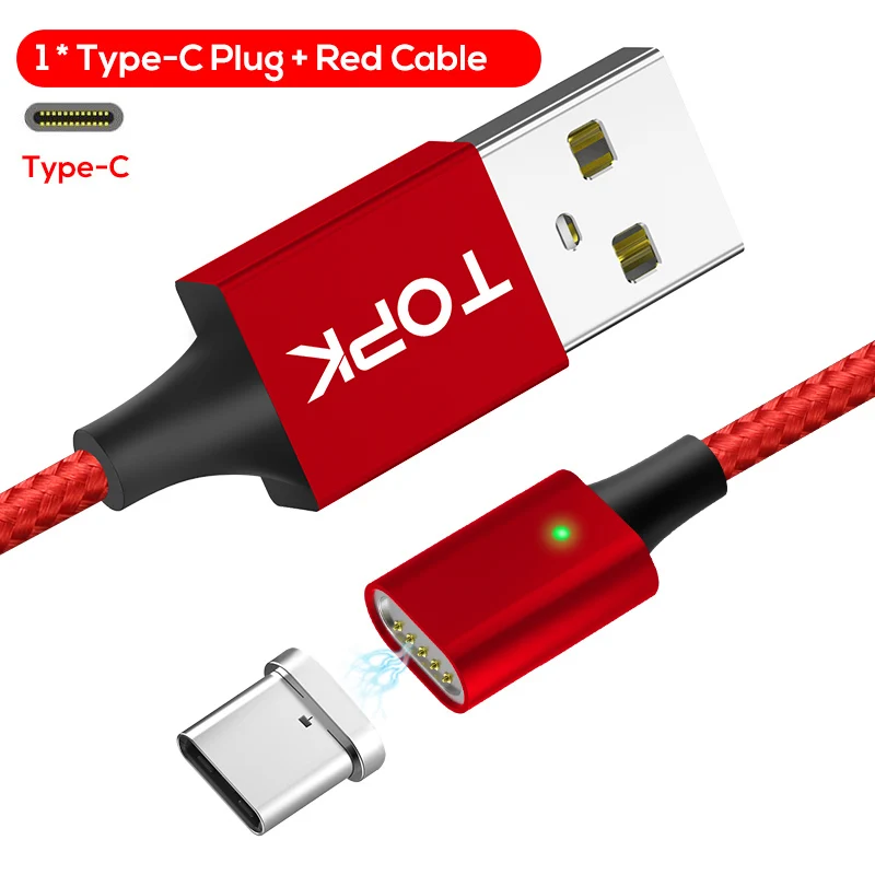 TOPK F-Line2 type C Магнитный кабель Usb C нейлоновый кабель для передачи данных и зарядного устройства для samsung Galaxy S9 Note 9 one Plus 6 Xiaomi Mi a2 - Цвет: Red cable