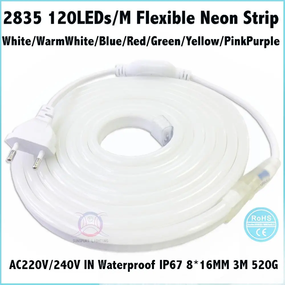 2-20M IP67 220V 2835 LED 120LED//M Flexible Neon Strip Engineering Outdoor Indoor