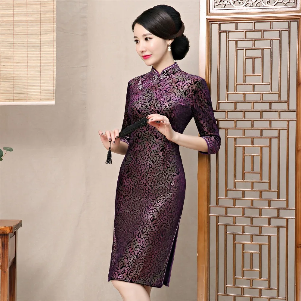 Shanghai Story осеннее женское платье с рукавом 3/4 винтажное фиолетовое Qipao бархатное китайское платье с разрезами по бокам и воротником-стойкой длиной до колена китайское традиционное платье