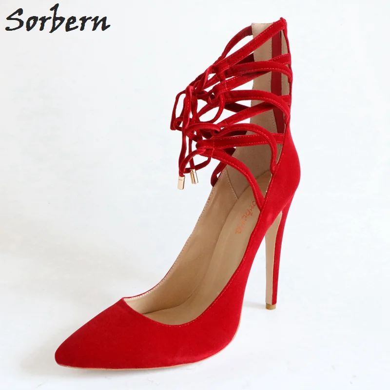 

Sorbern Red Heels Woman Pointy Toe Heels Autum Shoes Women Vintage Pumps With Straps Women Dress Med Heels Custom Colors Heels