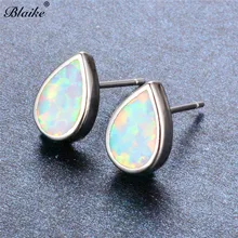 Blaike серьги-гвоздики в форме капель воды белого/синего цвета с огненным опалом для женщин, 925 пробы, заполненные серебром серьги с камнем рождения, свадебные ювелирные изделия
