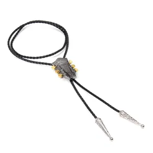 Men's Fashion Bolo Tie Cowboy Male Accessories Black PU Leather Bolo Tie With Country Music Guitar Metal Buckle Custom Chain Tie