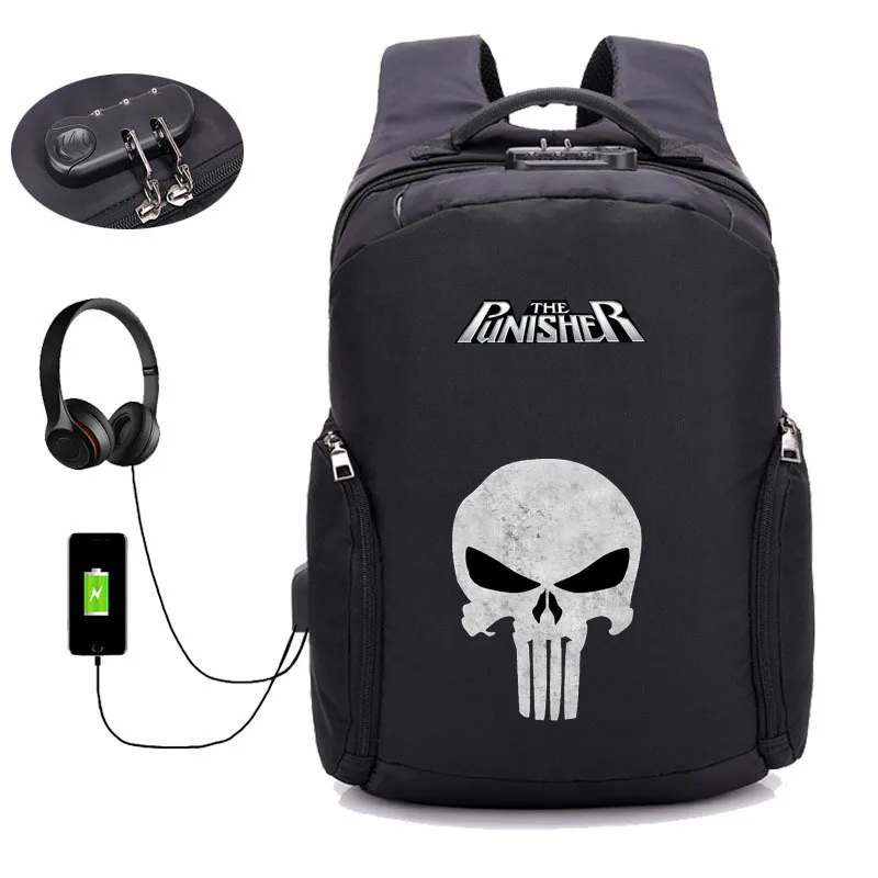 

Punisher backpack Men teenagers Laptop Backpacks USB Charging backpack student bookbag men women Travel Bags