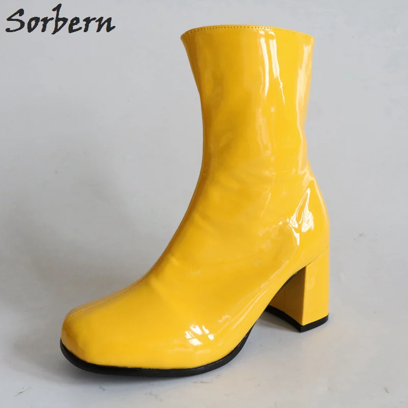 À Couleurs Hauts Pour Bout Chunky Dames Femmes Carré Latérale Bottes Sorbern Lumineux multi Jaune Brillant yellow Shiny Personnalisé Chaussures Talons Glissière Cheville Black Shiny KlF1TJc