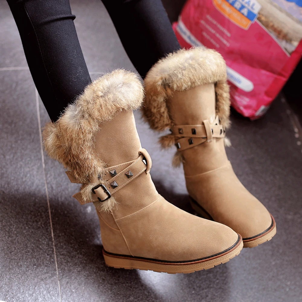 Большие размеры 34-43; зимние женские ботинки; теплые ботинки на меху на плоской подошве с кроличьим мехом и заклепками; зимние ботинки с круглым носком; Zapatos; n048
