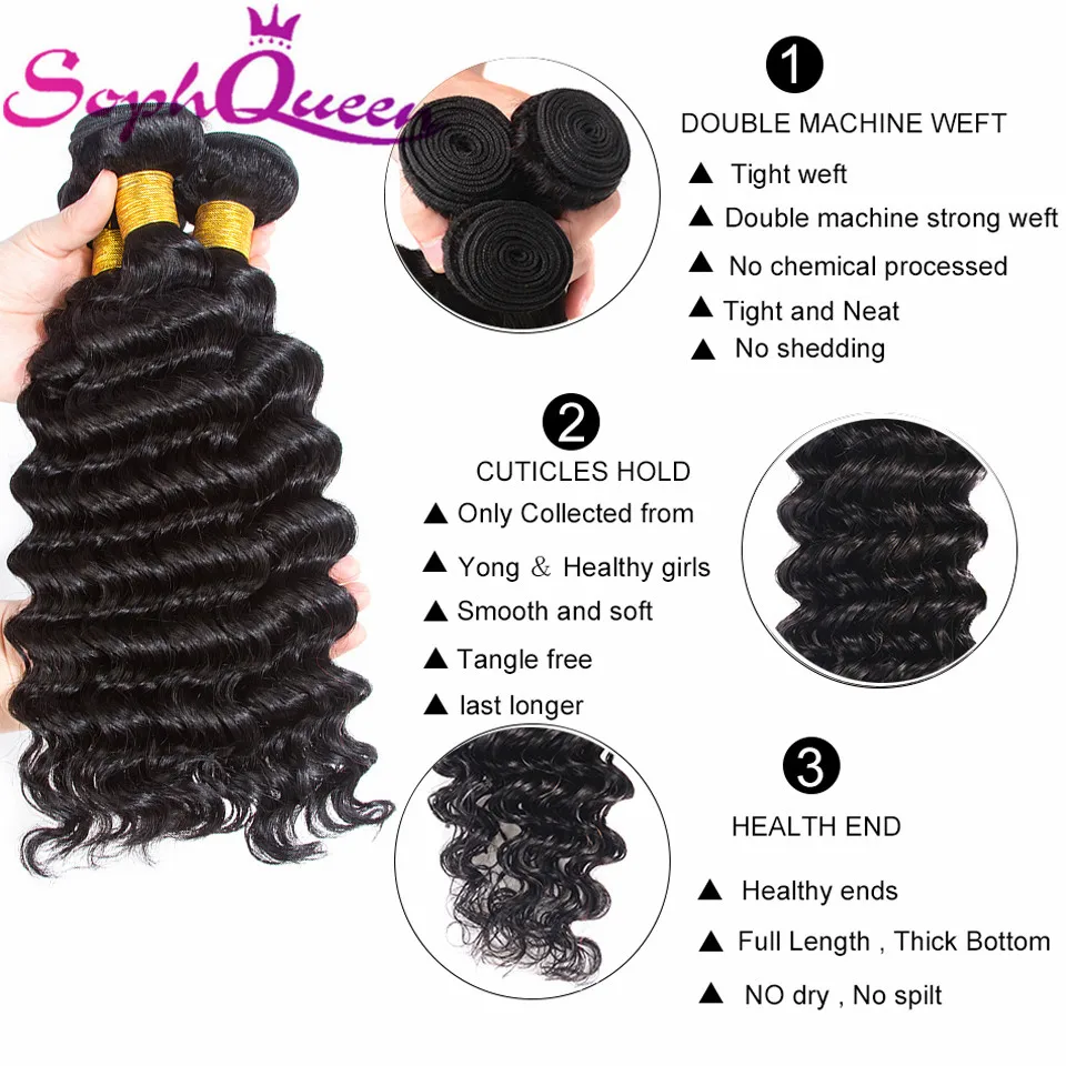Soph Queen Deep Wave Bundles With Frontal Malaysia Hair Weave 3 Bundles With Closure Remy Human Hair Lace Frontal Natural Black