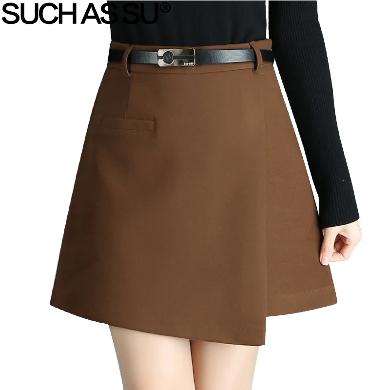 

SUCH AS SU New 2018 Wool Asymmetrical Skirt Women Black Brown Patchwork Short Skirt S-3XL Ladies High Waist Mini Skirt