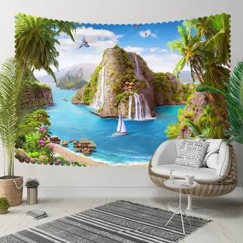 

Else Green Tropical Leaves island Waterfall Blue Sea 3D Print Decorative Hippi Bohemian Wall Hanging Landscape Tapestry Wall Art