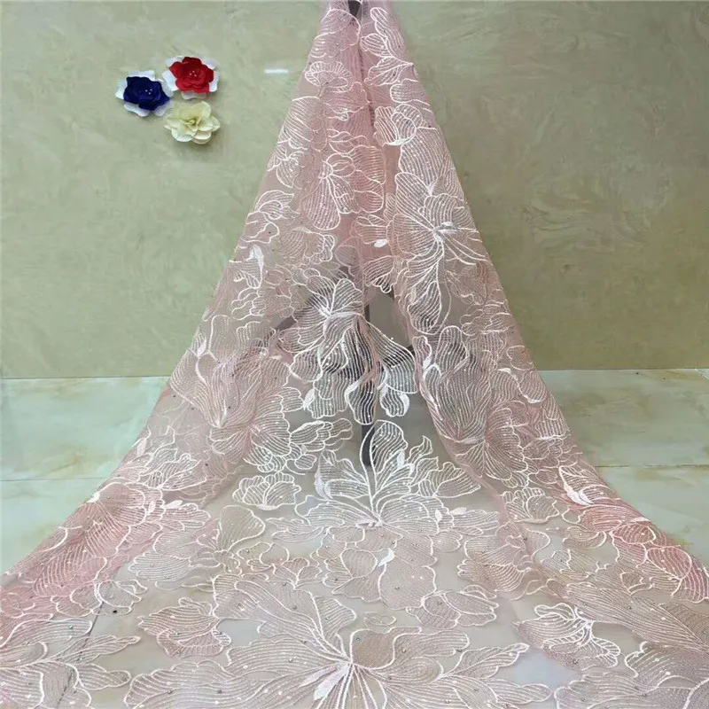 

Lace Fabric Baby pink French Lace Fabric With Beaded Nigerian French Fabric High Quality African Tulle Lace Fabric A1026-1