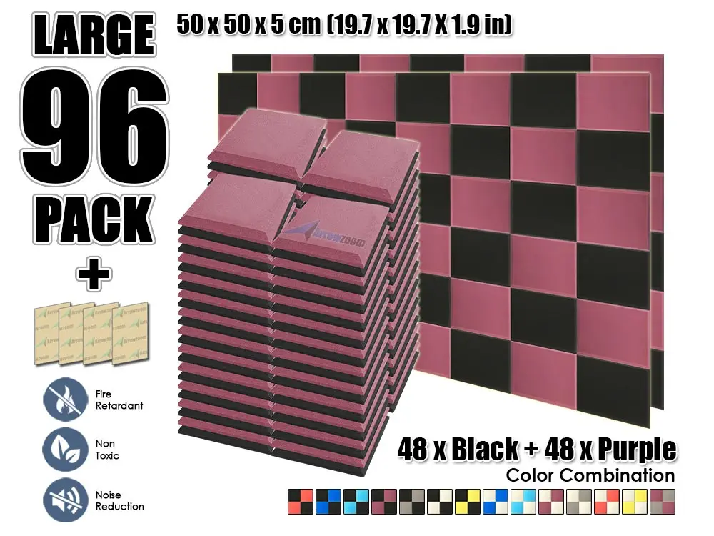 Arrowzoom 96 шт. 19," x 19,7" x 1," Цветная комбинация плоская коническая плитка студия Звукопоглощающая Панель акустическая обработка пены - Цвет: Black and Purple