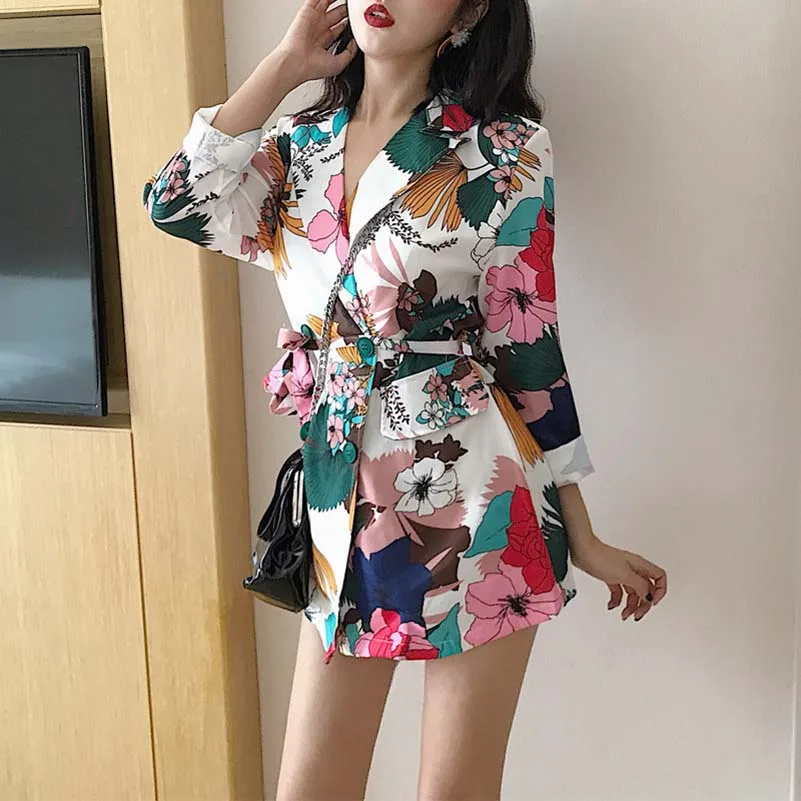 NiceMix 2019 Autumn New Blazer For Women Printing Mid-ling Style Belted Long Sleeve Jackets Elegant Loose Suits Female Veste Fem