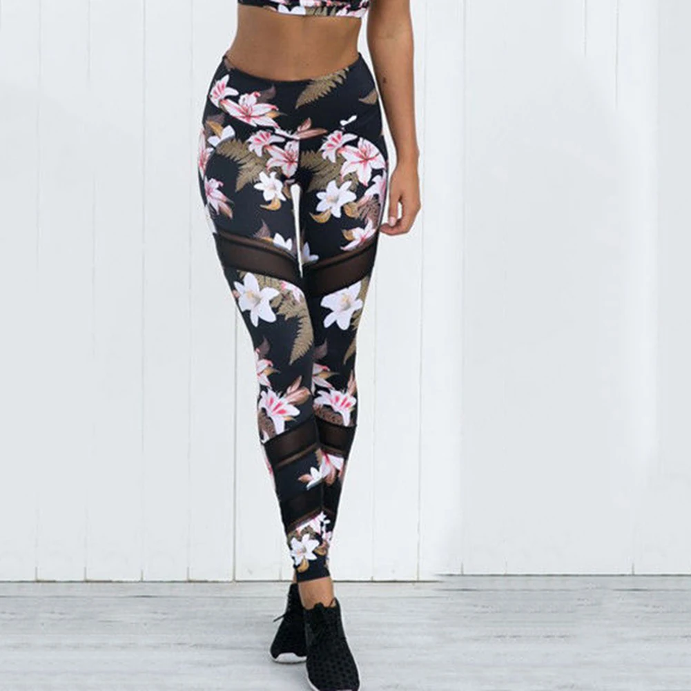

Women Flower Print Sport Leggings Sexy Gauze Patchwork Yoga Skinny Workout Pants