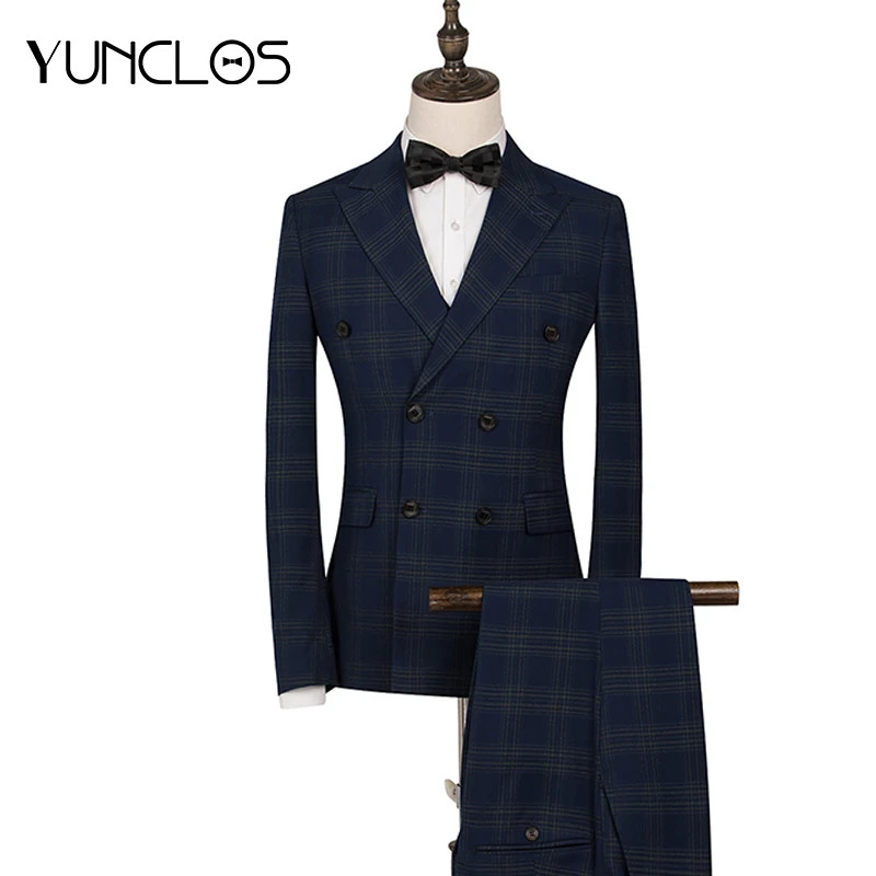 

YUNCLOS 2019 Classic Plaid Wedding Suit For Men Double Breasted 2 Pieces Slim Fit Men Tuxedos Party Dress Elegant Male Suits