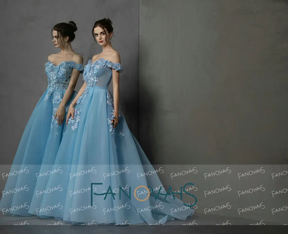 Blue Off Shoulder Evening Dresses Long With 3D Flowers Prom Dresses 2019 vestidos de fiesta largos elegantes de gala