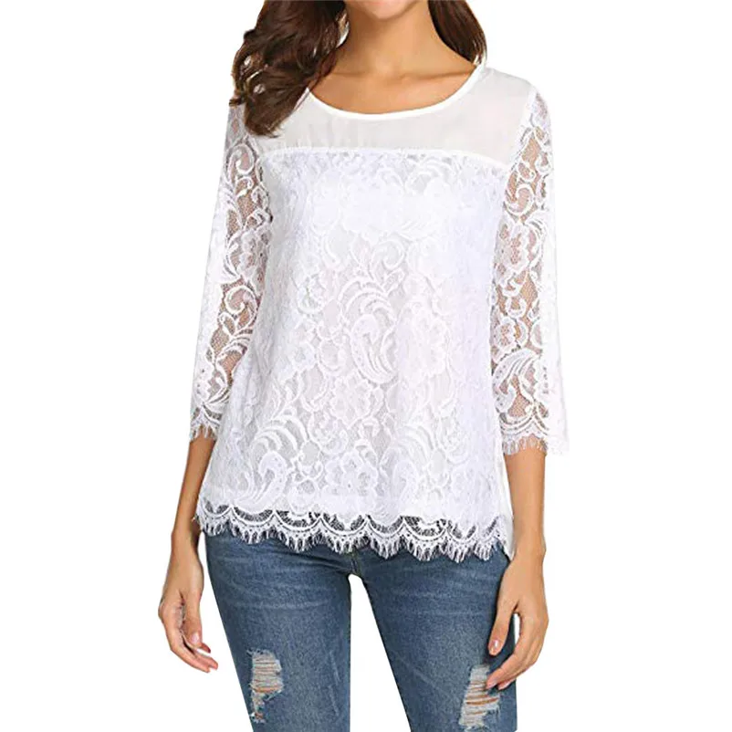 Fashion womens tops and blouses summer Autumn 2018 O Neck Sleeve Lace Chiffon Top Casual Blouse Tops Shirt camicette Y30#N  (3)