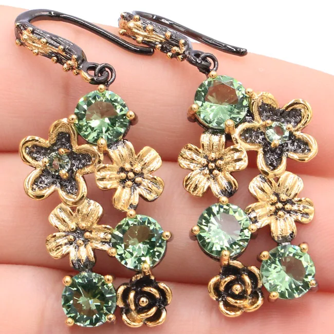 

49x20mm Vintage Style Created Green Tsavorite Granet Ladies Present Black Gold Silver Earrings