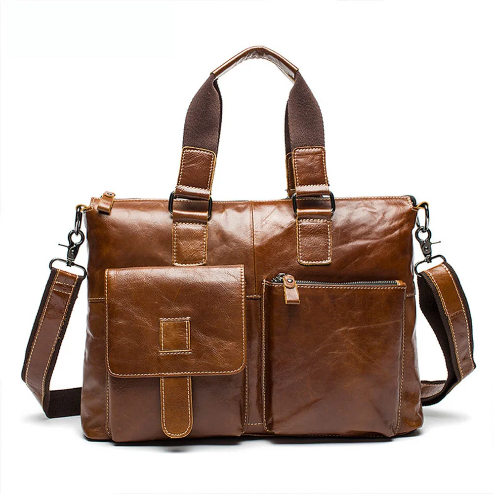 

Retro Genuine Leather Mens Bags Tote Crossbody Bags Men's Briefcase Laptop 15'' Messenger Bag Men's shoulder bag Leather