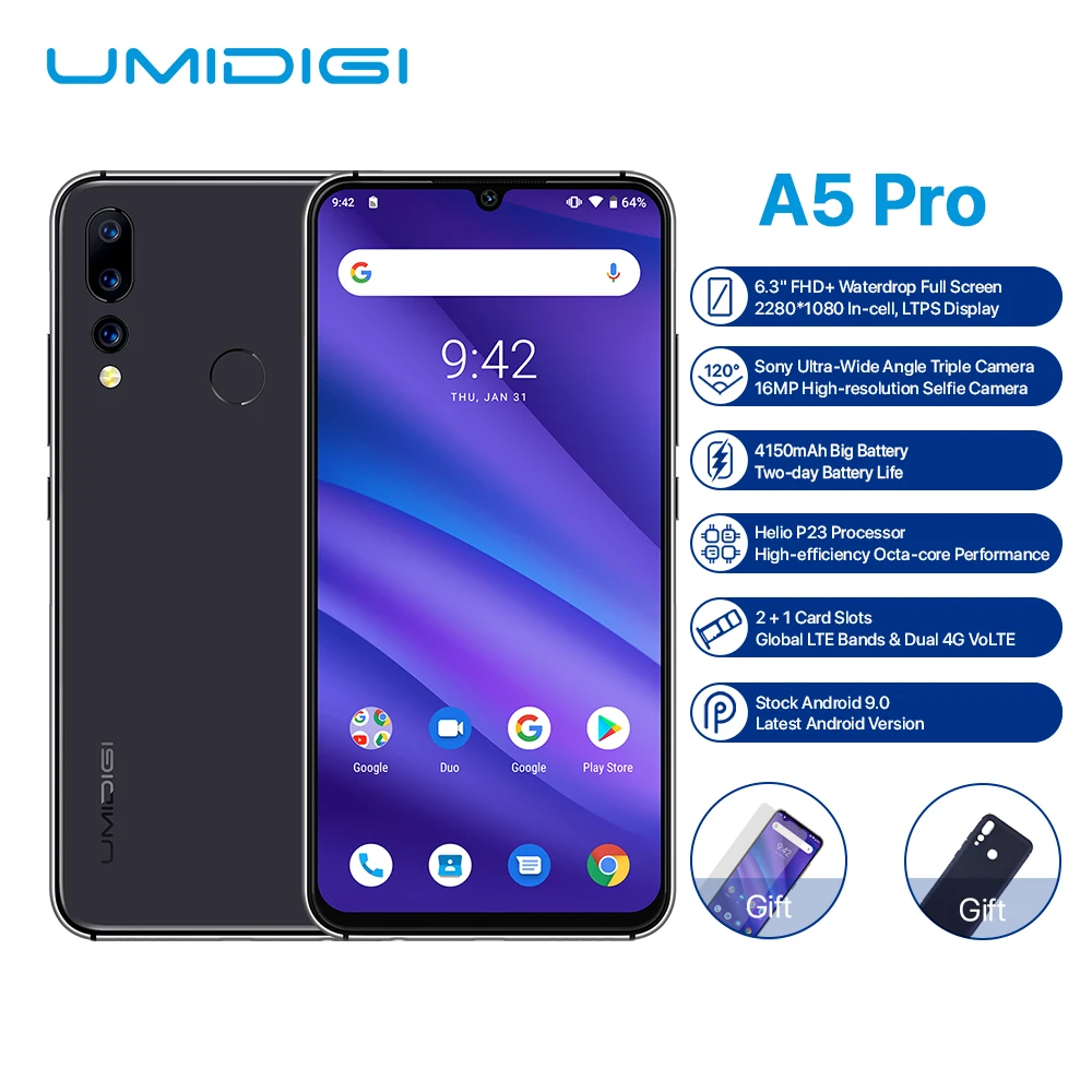 Global UMIDIGI A5 Pro мобильный телефон 6," FHD+ 16MP Android 9,0 Helio P23 Восьмиядерный 4150 мАч 4G отпечаток пальца разблокированный смартфон