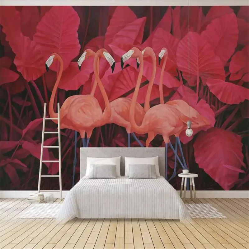 

Tropical plant leaves flamingo background wall professional production mural factory wholesale wallpaper mural poster photo wall