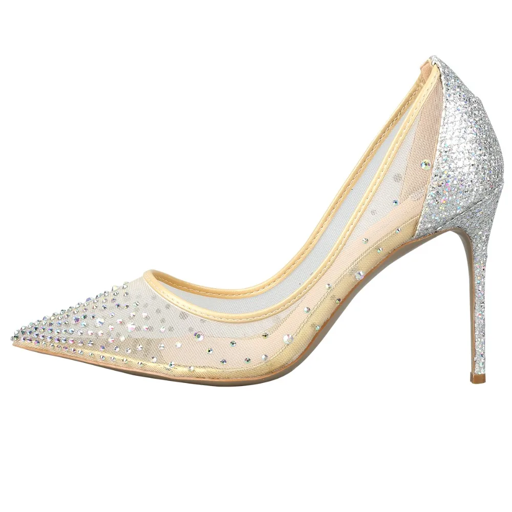 

Plus Size 34-43 High Quality Mesh Air Crystal Women Pumps Sheep Skin Insoles High Heels Woman Wedding Party Shoes