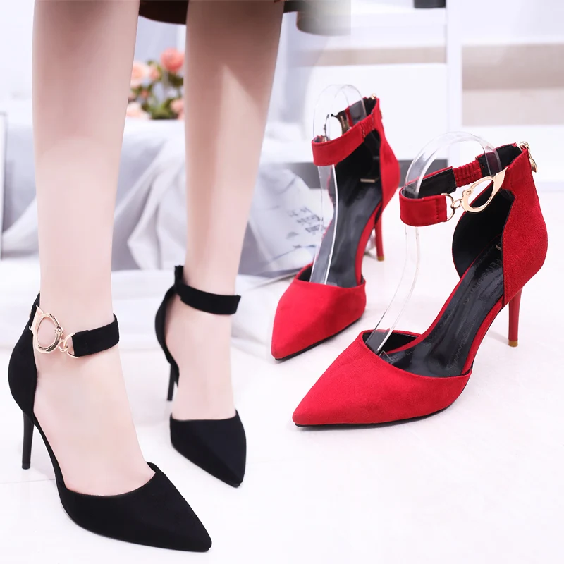 Spring 2019 new word buckle pointed high heels female fine with sexy wild black sandals strap shoes summer Women's sandals s92