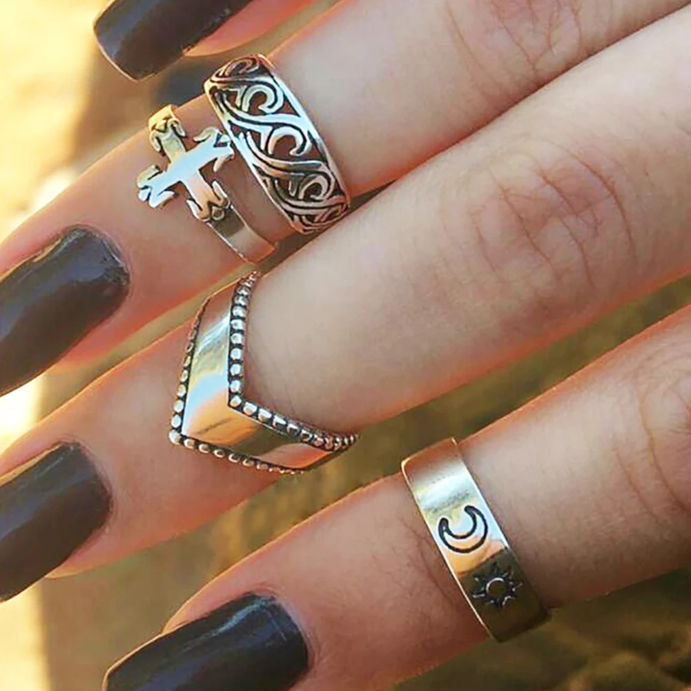 4 шт. Для женщин модные Защита от солнца Moon святить из Дизайн палец кольцо комплект ювелирных изделий