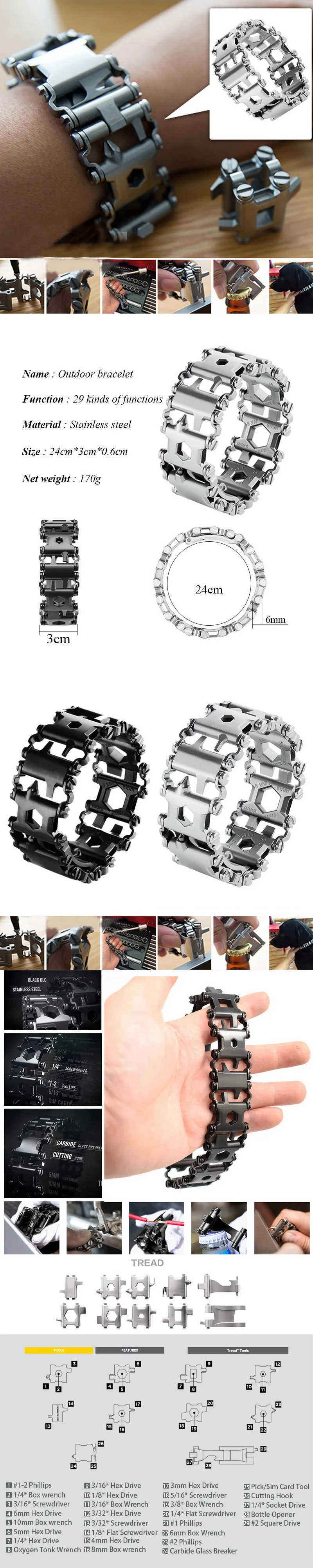 Pulseira de Viagem ao ar Chave de Fenda Ferramenta Multifuncional Livre Produto Portátil Aço Inoxidável Pulseira Abridor Cerveja Alavancas 8 livre produto portátil aço inoxidável pulseira abridor