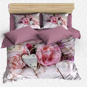 

Else 6 Piece Pink Roses White Hearts on Wooden Love 3D Print Cotton Satin Double Duvet Cover Bedding Set Pillow Case Bed Sheet