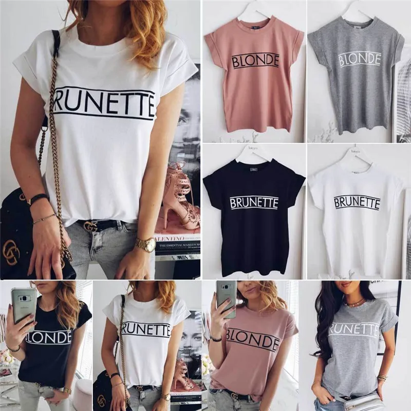 Blonde Letters Print Short Sleeve T Shirt Women Basic Tee Summer Causal Tops