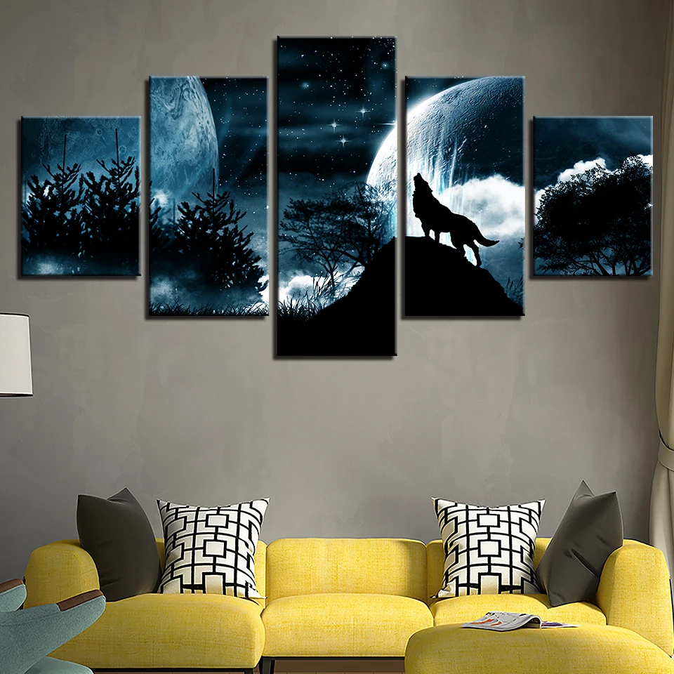 Us 10 4 48 Off Modern Frame 5 Panel Full Moon Night Wolf Roar Paintings Wall Art Picture Forest Animal Starry Sky Poster Modern Bedroom Decor In