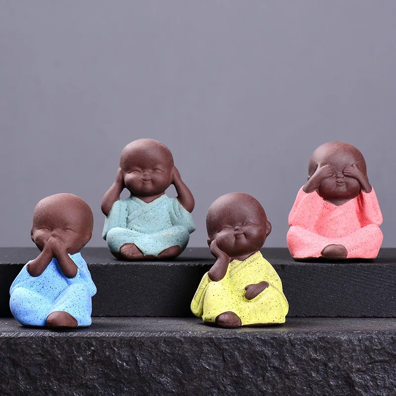 

1pcs Cute Ceramic Little Monk Figurine Home Decor Buddha Statue Figures Ornament for Car Living Room Teahouse FOUR NO Small Monk