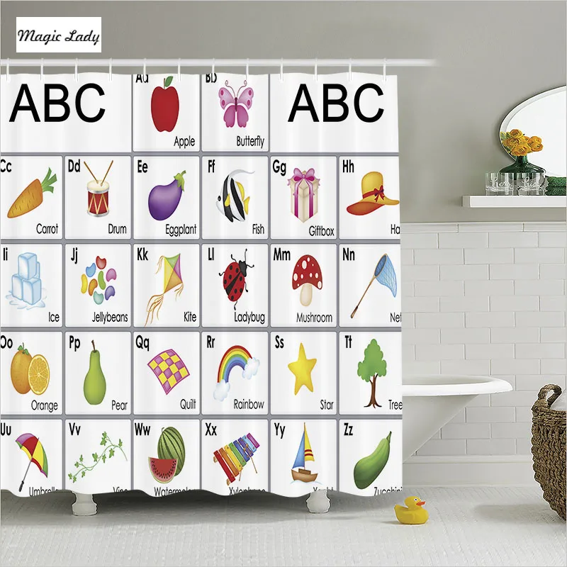 Shower Curtains Bathroom Curtain For Children Accessories Abc Alphabet Letters Fruits White Rainbows 180*200 cm | Дом и сад