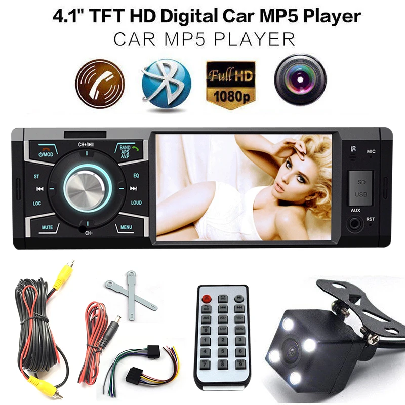 

12V 4.1'' HD TFT Display Screen Car Mounted MP5 Player Bluetooth U Disk / TF Card Hands-free Call 45 w x 4 Remote Control