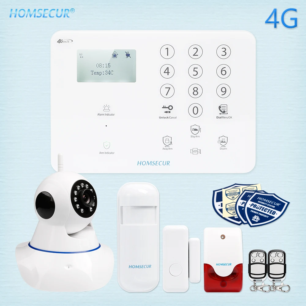 

HOMSECUR 3 Kits for choice Wireless 4G/3G/GSM LCD Burglar Intruder Alarm System+Wireless IP Camera