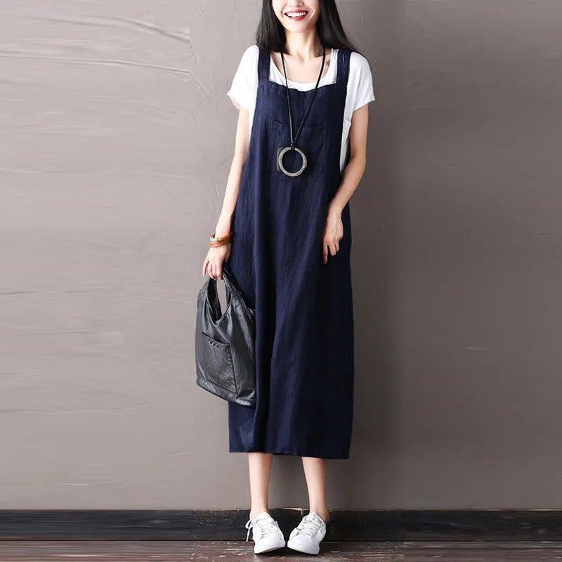 

New ZANZEA Women Summer Vintage Strappy Cotton Linen Loose Solid Casual Long Suspender Dress Sleeveless Midi Vestido Plus Size