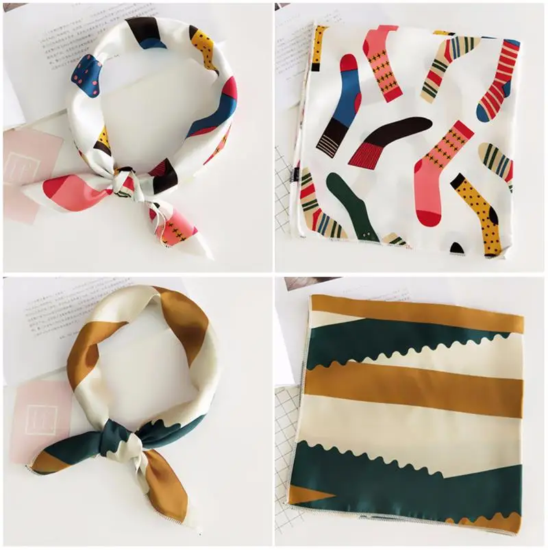 Шелк и атласный шарф для женщин дамы платок Южнокорейский стиль печати Полосатый шарфы для