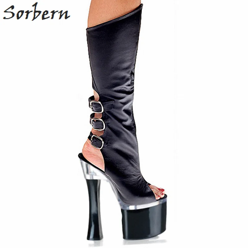 

Sorbern 18cm Women Sexy Boots Plus Size China 34-46 Peep Toe Buckle Strap Black Ladies Party Boots High Heels Boots For Womens